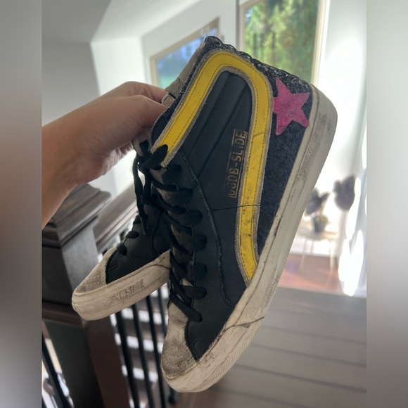 Golden Goose Slide High Top Sneakers Black and Yellow Glitter Pink Star Size 37 - Picture 3 of 7